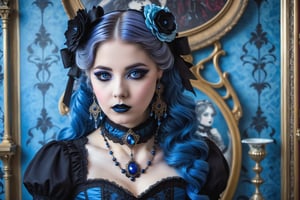 portrait of a beautiful gothic lolita woman.  dark gothic make-up, elaborate gothic lolita victorian corset, outfit, elaborate gothic long earrings and necklace. long curly vivid blue hair. background of detailed elaborate art nouveau wallpaper