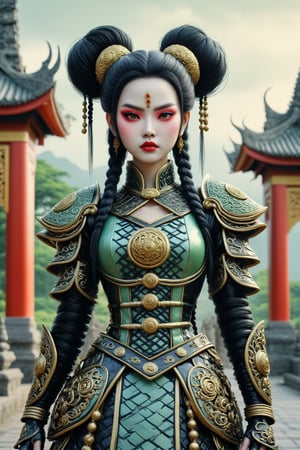 3/4 shot of Lady Triệu, a vietnamese woman warrior. a fusion of elaborate rococo, ancient vietnam, vietnamese gothic punk. she has black hair in elaborate braids and buns. she has round large big copper eyes. she is vietnamese. she wears an elaborate ancient vietnamese female warrior outfit. she stands outside a traditional vietnamese palace. perfect female anatomy, goth person, pastel goth, dal, Gaelic Pattern Style, 3/4 shot Triệu Thị Trinh