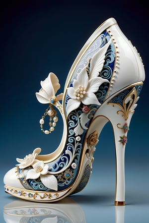digital art, 8k,  picture of one high heel woman's shoe, the shoe has an intricate paragon china pattern, made of bone china, whimsical, side view of shoe beautiful, highly detailed, whimsical, fantasy,,more detail XL