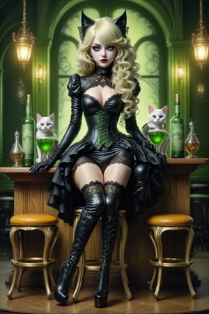 full body shot, a beautiful stunning cat woman, she sits on a stool in a french absinthe bar at night. bottles and glasses of green absinthe are on the table next to her. her beautiful outfit is a fusion of elaborate rococo, high fashion gothic, brocade rich fabrics, rich colors. knee high boots. she has large, round cat eyes. very long curly blonde hair, cat ears,  perfect female anatomy, goth person, pastel goth, dal, Gaelic Pattern Style,
