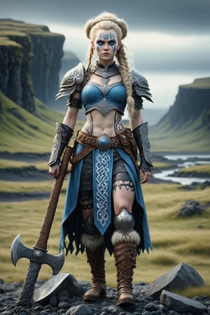 full body long shot, dynamic, cinematic of Freydís Eiríksdóttir, Icelandic female warrior and explorer. a fusion of elaborate rococo, ancient iceland, icelandic viking gothic punk. she has very light blond hair in elaborate braids and buns. she has round large big blue eyes. she has ancient viking warpaint on her face, she wears an elaborate ancient viking outfit, she stands on the rugged icelandic terrain, hot springs, holding a viking battle ax, perfect female anatomy, goth person, pastel goth, dal, Gaelic Pattern Style, full body long shot, cinematic, dynamic