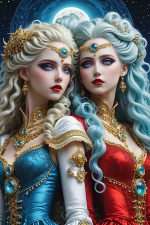 middle shot, cinematic, dynamic, realistic portrait of two beautiful ancient priestesses. side by side, looking at each other. embracing. a fusion of elaborate rococo, ancient roman, ancient european gothic punk. one has long curly blue hair and blue eyes and wears an outfit in blue. the other has light blond straight long hair and wears a red outfit. both outfits are elaborate priestess outfits. bejewelled. a detailed background of an ocean beach at night, dark sky, full moon, perfect female anatomy, goth person, pastel goth, dal, Gaelic Pattern Style, middle shot, cinematic, dynamic
