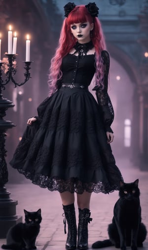 photorealistic concept art, 1girl, irish Young girl, red long hair, messy hair, elaborate hair, hair buns, mischevious smile look on face, dark eye make up, elaborate outfit, black roses in hair, pastel gothic Fashion Girl,Grunge-Lolita Fashion, girly pastel lace blouse, high heel embroidered intricate boots,The ethereal glow, metallic accessories, and moody atmosphere create a mystical aura,
Gothic Lolita long lace Skirt, her look exudes dark glamour,natural volumetric cinematic perfect light,pastelbg,pastel goth, intricate background, candles, realistic cats walking around,