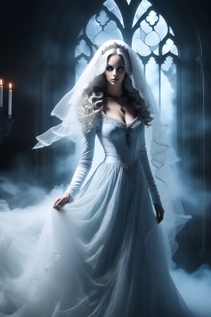 cowboy shot dynamic pose portrait featuring a beautiful woman dressed in a long elaborate gothic gown, resembling a ghostly figure. she his light blue eyes. she has very very long curly grey hair She is wearing a veil and an elaborate gothic necklace, which adds to her eerie appearance. The woman's face is painted white, further enhancing the ghostly look. behind her above is a ghostly apparition, a transparent white female gost hovering above the woman. the detailed background is of a dark gothic mansion at night she is standing in fron of a large window. swirling mists behind her. the overall atmosphere of the image is mysterious and haunting. very high resolution, designed by Ilya kuvshinov, aw0k nsfwfactory, aw0k magnstyle, danknis, Anime, IMGFIX