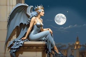 side view. extreme long shot,  michael parkes style, a beautiful young queen of gargoyles with gargoyle wings, long grey-blue hair and a crown is sitting next to a couple of gargoyles on the top of a very tall building. her eyes are open and she has a serene expression. its night time with a full moon. a gargoyle is getting ready to land on the building. stars are in the sky.  michael parkes, artist study hands. ,1girl,Masterpiece,SD 1.5,realistic