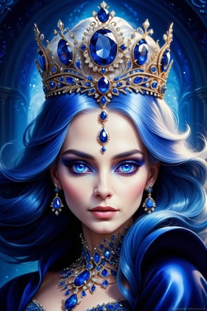 digital art, portrait of The Queen of sapphire, 8k, sapphire colored hair, sapphire colored eyes, adorned in sapphires blue, beautiful, highly detailed, whimsical, fantasy, 