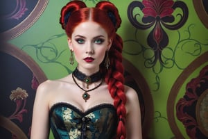 portrait of a beautiful young victorian woman. (green eyes). dark gothic make-up, elaborate art nouveau victorian brocade corset, outfit, elaborate art nouveau long earrings and necklace. vivid red hair in elaborate braids and buns. background of detailed elaborate art nouveau-inspired wallpaper