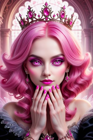 digital art, portrait of The Queen of pink, 8k, pink colored hair, pink eyes, beautiful, highly detailed, whimsical, fantasy, perfect hands, manicured nails, 