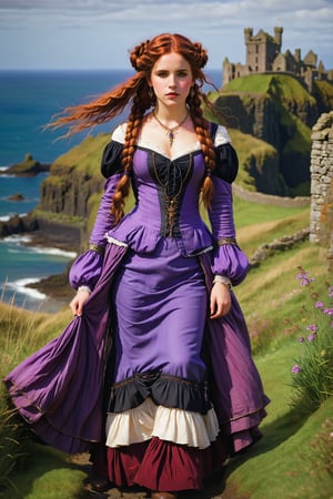 extreme long shot full body shot, by john william waterhouse, pre-raphaelite, a beautiful pre-raphaelite victorian, tall young woman walks in northern ireland. she has long curly red hair in braids and buns. she wears an elaborate victorian outfit in purple, black and white colors, long earrings, elaborate necklace, long skirt, lace up boots. detailed background of Dunluce Castle and coast. john william waterhouse, pre-raphaelite, perfect female anatomy.