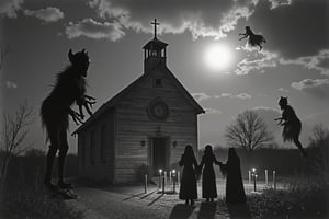 full body shot, a realistic b&w black and white photo from the depression era, united states, 1929 to 1939, showing an old abandoned church building, a group of large demonic, horrific, scary, beings, entities about 9 feet tall, long hands, long fingers, with sharp claws, one standing on the road next to the house the other sitting on the roof of the church, one flying in the sky on fire, the entities are evil, scary and meanacing. a group of young woman wearing old black hooded magician cloaks, are holding hands standing in a magic circle surrounded by black lit candles. the demons are waitching the women worshipping them. occult artifacts. lit black candles, dark storm, night time, clouds in the sky, dark sky, full moon partially obscured by dark clouds, lightening strikes, 