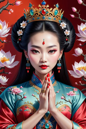 digital art, The queen of china, 8k, beautiful, highly detailed, whimsical, fantasy, perfect hands, manicured nails, 