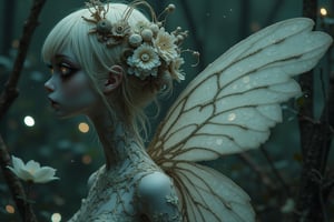 long shot, side view, Create an image of a doll-like figure with large detailed eyes and pale porcelain face. she is a gothic fairy with translucent wings, flitting through a garden of dark flowers and glowing orbs, illuminating the night with her ethereal presence.