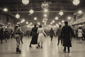 long shot, full body shot, a realistic, detailed, photograph, b&w black and white sepia photo, showing a roller skating rink. it's halloween, and the roller skaters are in detailed halloween costumes like witch, ghost, mummy, scarecrow, frankenstein, all skating. there are halloween decorations in the skating rink, a mirrorball is glittering.