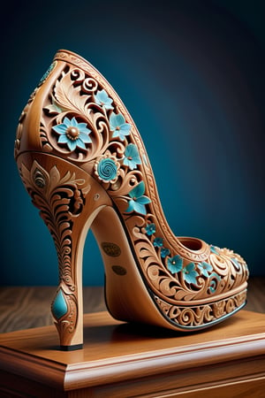 digital art, 8k, picture of a high heel woman's shoe, the shoe is made out of an intricate carved wood, patterns carved into the wood, whimsical, side view of shoe beautiful, highly detailed, whimsical, fantasy, ,more detail XL