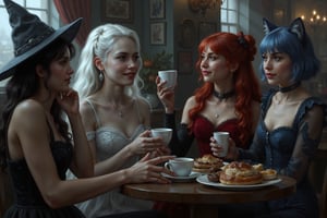 a beautiful young female witch with long curly black hair, pointy witch cap, witch outfit, beautiful young ghostly woman with white hair, the whitest pale skin, white dress, beautiful female vampire with vivid big long red hair, big red lips wearing a red victorian inspired velvet corsett dress, and beautiful cat woman, with cat ears and short blunt cut blue hair with bangs wearing a skin tight dark blue leather body suit are sitting in a scary halloween inspired haunted coffee shop drinking coffee, tea and a variety of pastries with each other smiling, laughing and talking. perfect anatomy, perfect hands, perfect faces.