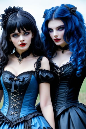 cowboy shot, vampire female couple, two women lovers gothic, one is walking away from the other in sadness, they are both very sad and crying. tears streaming down their faces. one vampire woman has long curly blue hair, blue elaborate gothic lolita outfit and the other vampire woman has long curly black hair in a black elaborate lolita gothic outfit. they are crying and parting ways, horror, dark romantism, raw concept art, masterpiece illustration