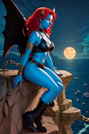 full body shot side view, michael parkes style, a stunning beautiful young queen of gargoyles with detailed gargoyle wings, horns, thick voluminous long curly vivid red hair, sharp elaborate crown, red glowing eyes, normal breasts, sitting on the ledge of a very tall cliff on a deserted island above the stormy seas below. she is looking at the ocean intencely. she is wearing an elaborate leather outfit with buckles and chains. she has combat boots on her feet. it's midnight, the sky is dark there is a glowing full moon in the sky and stars. michael parkes,
,Detailedface,blue skin