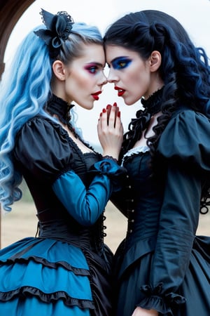 cowboy shot, vampire couple, two women lovers gothic, side by side, the are fighting and are sad. one vampire woman has long curly blue hair, blue elaborate gothic lolita outfit and the other vampire woman has long curly black hair in a black elaborate lolita gothic outfit. they are crying and parting ways, horror, dark romantism, raw concept art, masterpiece illustration