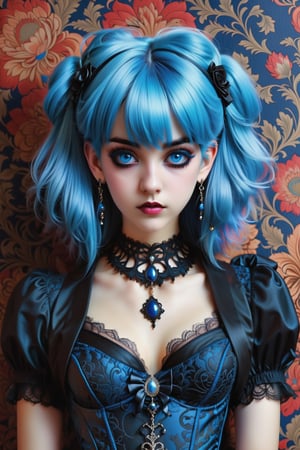 combine all of the below to make a beautiful gothic lolita young woman, blue hair, wearing an elaborate gothic lolita inspired necklace, jewelry, long dangle earrings, sexy intricate corset, hayv kahraman style, background of vivid colorful intricate william morris wallpaper