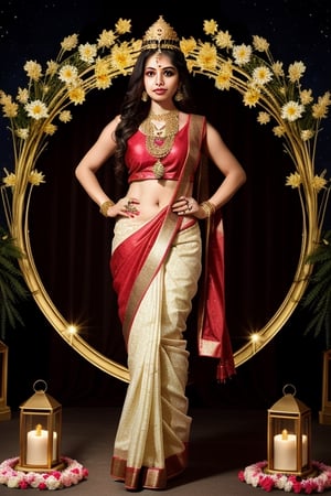 full body shot, beautifal female goddess Lakshmi Hindu goddess of prosperity and wealth, elaborate indian female saree and dupatta in colors of red and gold, she is wearing elaborate gold necklaces earrings and bangles on her arms, gold nose ring, serene expression, Lakshmi is surrounded by lotus flowers, she is glowing, illuminated, a holy goddess, with an elaborate gold crown, detailed background of the heavens, clouds stars, ,Detailedface,1girl,Masterpiece,Saree, full body,realhands,Indian,1 girl,Indian Designer Dress,more detail XL,fashion_girl,SD 1.5,REALISTIC