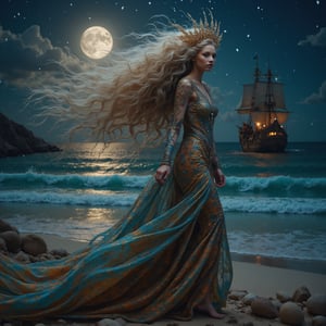 full body shot, long shot, side view, nighttime full moon, cinematic masterpiece, 8k, hdr, best quality, (highly detailed), photography, real life, extremely beautiful, ethereal, ocean witch standing on the beach, gorgeous face, beautiful smile, extremely long head to toe length big light blonde and blue streaked hair blowing in the breeze, irridescent, shiny, shimmery, colorful elaborate dress. blue green ocean water, bioluminescent algae glowing in the ocean waves, seashells, starfish, seaweed, scattered on the sand, large wooden pirate ship far in the distance on the ocean. perfect female anatomy, perfect hands, perfect fingers, manicured fingernails,