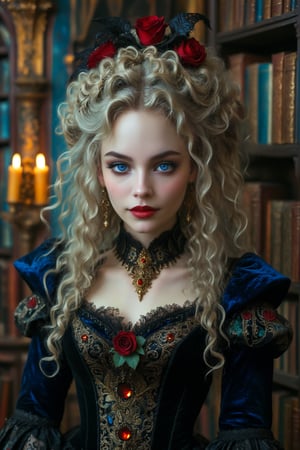 medium portrait shot 1girl of a beautiful stunning captivating  rococo gothic witch. (((she has big very long curly blonde hair))). her clothes and adornments show that the has exquisite taste and she is very wealthy. decorative bejewelled gold ornaments and black and red roses in her hair. big round beautiful warm happy deep blue eyes. dark gothic make-up. smooth perfect skin, beautiful full lips. she has a warm, welcoming smile. she is resplendent in a beautiful elaborate velvet gothic witch dress adorned with intricate embroidery, brocade in rich colors and luxurious fabrics. she has her hands down at her sides. the detailed background includes her luxurious rococo study library with shelves full of ancient leather books, colorful crystal bottles, candles, magical items. she is a benevolent and loving witch.,real_booster