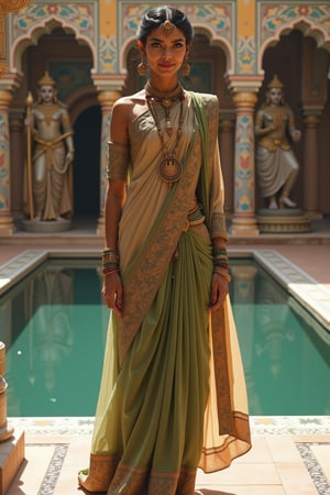 long shot, full body shot, realistic photgraphic image of young stunningly gorgeous and beautiful exotic asian indian woman in Ancient India. she has a sweet sensual closed mouth smile, stunning big green realistic eyes, rich colorful make-up and kohl on her eyes, hair in elaborate braids and buns, she wears an ancient indian dress in silk, cotton and linen fabrics, colors of green beige and gold, which is richly and elaborately decorated, with embroidery and rich jewels, gold jewelry and ornaments, flat  sandals on her feet. her outfit and posture displays her wealth, behind her is the detailed realistic background of Ancient Indian temple expansive gounds with richly colored symmetrical Indian art, mythology and spiritual scenes decorating the walls, ancient hindu statues, small mosaic marble decorative pool with deep blue water blue, marble benches, palm, coconut, mango trees