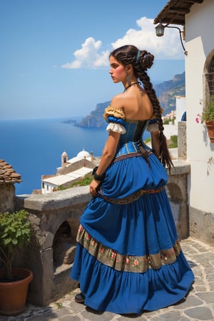 extreme long shot full body shot, side view. by john william waterhouse, pre-raphaelite, a beautiful pre-raphaelite victorian, tall young woman exploring a village on the amalfi coast italy. she has long black curly hair in elaborate braids and buns and blue eyes. she wears an elaborate victorian outfit, long earrings, elaborate necklace, corset, long skirt, jacket, victorian black boots. detailed background of amalfi coast. john william waterhouse, pre-raphaelite, perfect female anatomy.