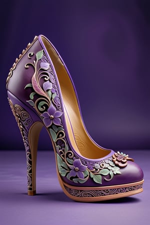 digital art, 8k,  picture of one high heel woman's shoe, made of purple Yixing clay, with a yixing intricate pattern, whimsical, side view of shoe beautiful, highly detailed, whimsical, fantasy,,more detail XL