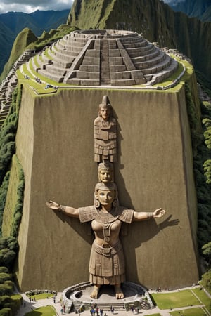 machu piccu landmark. incredibly spectacular:1.2), (Mario Botta:1.3), (avant-garde, future, reality, science fiction, photorealistic), (modern architecture:1.2), White limestone with black granite, fountains, waterfall, pools of water, landmark, green grass, square, path, at the entrance to this mountain settlement stands a giant ancient aztec goddess carved out of stone head to toe. beautiful female face. her arms spread wide with palms up welcoming visitors. she wears a flowing gown with long draping sleeves. 
she is a statue of an aztec peruvian goddess. the statue is of a very large scale several hundreds of feet tall. Large Files, Ultra Realistic, 8K, 16k, FHD, HD, VFX, Perfect, Photography, composition, sunlight, ray tracing, clear shadow:1.2),  (real landscape:1.1), (blurred background:1.0), (urban background, more_details) ,
mayamaze,extrusionbuilding,caveruinsPOV,caveruinsAerial