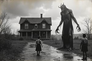 full body shot, a realistic b&w black and white photo from the early 1900's showing an old run down house, a large demonic being, entity about 9 feet tall, long hands, long fingers, with sharp claws, standing on the road next to the house looking scary and meanacing. three young children, about 3-4 feet tall, in dirty messy clothes, backs to viewer, are standing in front of the demon, waiting for instructions. cloudy day, dark sky, 