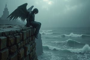 long shot, side view, A dark angel with feathered wings, perched on a crumbling stone wall on a cliff in the rain, gazing out over a vast stormy sea, embodying the struggle between light and darkness.