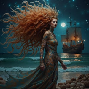 full body shot, long shot, side view, nighttime full moon, cinematic masterpiece, 8k, hdr, best quality, (highly detailed), photography, real life, extremely beautiful, ethereal, ocean witch standing on the beach, gorgeous face, beautiful smile, extremely long big curly vivid red hair, irridescent, shiny, shimmer colorful elaborate witch outfit. blue green ocean water, bioluminescent algae glowing in the ocean waves, seashells, starfish, seaweed, scattered on the sand, large wooden pirate ship far in the distance on the ocean. perfect female anatomy, 