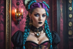 portrait of a beautiful young steampunk woman. dark gothic make-up, elaborate steampunk victorian brocade corset, outfit, elaborate steampunk long earrings and necklace. colorful hair in elaborate braids and buns, fringe, bangs, background of detailed elaborate steampunk-inspired wallpaper