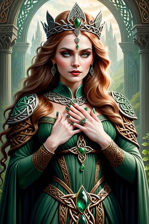 digital art, The celtic queen, 8k, beautiful, highly detailed, whimsical, fantasy, perfect hands, manicured nails, 