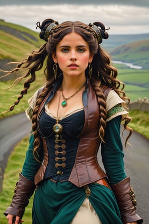 close up shot wide view. by john william waterhouse, pre-raphaelite, a beautiful steampunk slim, tall young woman walking on a winding road in the green hills of ireland. she has curly long jet black hair in elaborate braids and buns. she wears an elaborate steampunk victorian outfit, long steampunk earrings, elaborate syeampunk necklaces, jacket, cloak and boots. john william waterhouse, pre-raphaelite, perfect female anatomy.