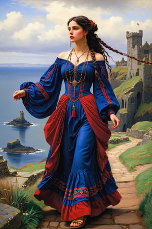 extreme long shot full body shot, by john william waterhouse, pre-raphaelite, a beautiful pre-raphaelite victorian, tall young woman walks in northern ireland. she has long curly jet black hair in braids and buns. she wears an elaborate victorian outfit in royal blue and red colors, long earrings, elaborate necklace, long skirt, embroidered peasant shirt and strappy flat sandals. detailed background Dunluce Castle and coast. john william waterhouse, pre-raphaelite, perfect female anatomy.