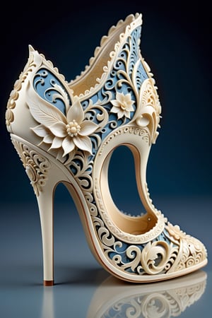 digital art, 8k, picture of a high heel woman's shoe, the shoe is carved out of ivory, intricate pattern, whimsical, side view of shoe beautiful, highly detailed, whimsical, fantasy, ,more detail XL