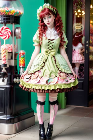 full body shot, beautiful young 17-uear old woman with vivid red extra long curly hair and bangs, light green eyes, perfect pale skin and sweet expression on her face is wering a high fashion elaborate sweet lolita outfit, cute stockings, cute high heeled boots, she has perfect manicured hands the detailed background behind the girl is an elaborite rococo style candy store inspired by willie wonka with big colorful lolipops, cotton candy, chocolate fountain, marshmellows, bubble gums, multi colored hard candies in glass canisters, full body shot 