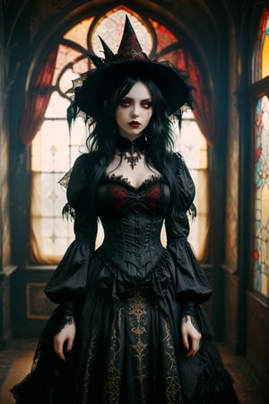 1girl,solo,full body shot of a witch gothic lolita  princess, in victorian inspired witch Lolita fashion. gown, pointy witch hat, with intricate arabesque patterns, elaborate velvet corset-style bodice. extremely long jet black hair with red streaks. Large expressive yellow eyes, pale skin,  Opulent witch lair backdrop with arched windows, silk curtains. Soft, dreamy lighting. Blend of kawaii, gothic, royal, and Arabian Nights aesthetics