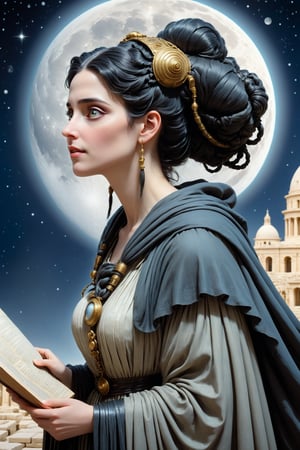 Cinematic scene - long shot side view of a 40-year old Hypatia of alexandria, mathematician, astronomer, and philosopher in ancient Alexandria in a fusion of rococo, greco-roman and gothic punk. she has jet black hair in elaborate braids and buns. on her head is a shawl. she has round large big copper eyes, she has a benevolent smile and intelligence emanates from her. she wears a modest floor length "philosopher's cloak" a Ionic chiton or doric chiton, and roman sandals on her feet. she is facing away from the viewer looking at the night sky outside under the crescent moon, stars and solar system in ancient alexandria egypt. a large illustrated astronomical astrological map piles of ancient paper scrolls. she is an astronomer and teacher. perfect female anatomy, goth person, pastel goth, dal, Gaelic Pattern Style, Cinematic scene - long shot side view
