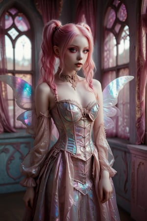 1girl,solo,full body shot of a fairy princess, gossamer opalescent fairy wings, in an irridescent glittery ballet style Lolita fashion gown, elaborate brocade patterned silk corset-style bodice. extremely long vivid pink hair in twin tails. Large expressive copper eyes, pale skin,  Opulent fairy castle backdrop with arched windows, silk curtains. Soft, dreamy lighting. Blend of kawaii, gothic, royal, and Arabian Nights aesthetics