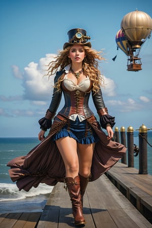 lwide view long shot. by john william waterhouse, pre-raphaelite, a beautiful steampunk slim, tall young woman walks on a wooden pier next to the ocean. she has curly long blonde hair blowing in the wind. she wears an elaborate steampunk victorian outfit, long steampunk earrings, elaborate syeampunk necklaces, hat, jacket, cloak and boots. in the background is a steampunk lighthouse, in the sky are a steampunk hot air balloon and steampunk airship. john william waterhouse, pre-raphaelite, perfect female anatomy.