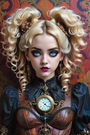 combine all of the below to make a beautiful steampunk victorian young woman, curly blonde hair in twin tails, gothic make-up, wearing an elaborate steampunk victorian inspired necklace, jewelry, long dangle earrings, sexy intricate corset, hayv kahraman style, background of vivid colorful intricate william morris wallpaper