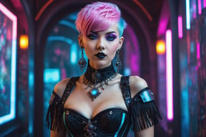 portrait of a beautiful young cyberpunk woman. dark gothic make-up, elaborate cyberpunk-inspired corset outfit, elaborate cyberpunk long earrings and necklace. vivid colorful pastel short layered hair with fringe and bangs. background of detailed elaborate cyberpunk-inspired wallpaper.