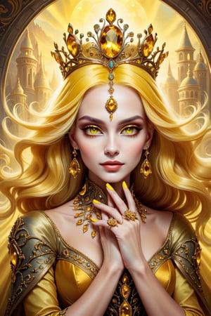 digital art, portrait of The Queen of yellow topaz, 8k, yellow topaz colored hair, yellow topaz colored eyes, beautiful, highly detailed, whimsical, fantasy, perfect hands, manicured nails, 