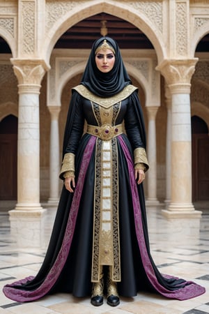 full body shot extreme long shot of Queen Mavia, Mawiyya, an Arab queen in southern Syria in the 4th century Arabia. a fusion of elaborate rococo, ancient arab, arab gothic punk. she has black hair in elaborate braids and buns. she has round large big copper eyes. arabic syrian. she wears an elaborate ancient arabic Abaya Jilbab or Chador Niqab outfit with intricate patterns in colors of ivory, magenta, black, gold, purple. pointy turkish boots. background outside in front of an ancient roman temple in syria. perfect female anatomy, goth person, pastel goth, dal, Gaelic Pattern Style, full body shot, long shot, Queen Mavia