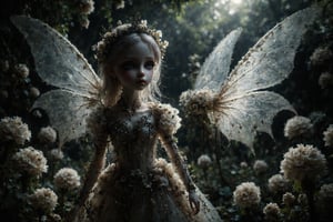 long shot, side view, Create an image of a doll-like figure with large detailed eyes and pale porcelain face. gothic fairy with translucent wings, walking through a garden of dark flowers and glowing orbs, illuminating the night with her ethereal presence. hands down at her sides. 
