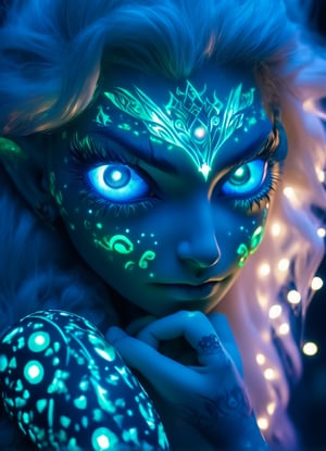 close up portrait (sacred night and elf puppet),(ultra-fine HDR),extremely delicate and beautiful girl, glowing intricate human detailed eyes, glowing tattoos on face, glowing floating translucent irridescent orb, big long white hair, 