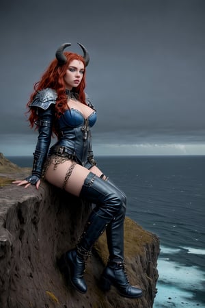 full body shot side view, a stunning beautiful young queen of gargoyles, detailed gargoyle wings, big horns, thick voluminous long curly vivid red hair, ice blue eyes, normal small breasts, sitting on the ledge of a very tall cliff on a deserted island above the stormy seas below. she is looking at the vast deserted ocean below her. she is wearing an elaborate leather outfit with buckles, straps and metal chains. she has combat boots on her feet. it's midnight, the sky is dark there is a glowing full moon and stars in the sky. 
,Detailedface,blue skin,color paint,AGGA_ST046,SD 1.5,realhands